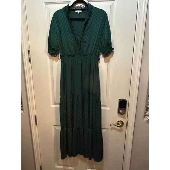 Max Studio Emerald Green Jacquard Dot Lace Trim Maxi Dress Size Large - Picture 3 of 7